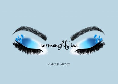 Artistic makeup eyes at Carmenglitz.inc, New York, New York, US showcasing vibrant blue and black design.