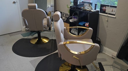 Elegant salon chairs at Beach Hair Affair in St. Petersburg, Florida, US, showing modern styling.