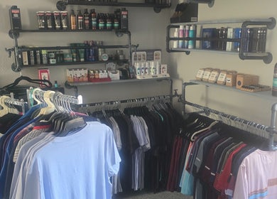Clothing and grooming products at G.Y.M Grooming BarberSpa in St. Petersburg, Florida, US.