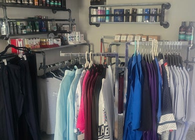 Clothing and products displayed at G.Y.M Grooming BarberSpa in St. Petersburg, Florida, US.