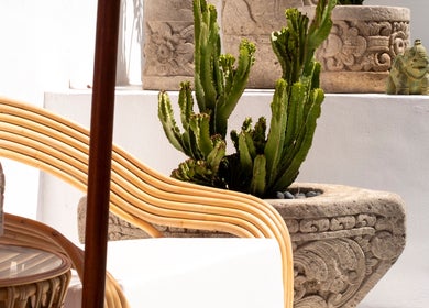 Peaceful rattan seating with cactus at Asia Spa Lanzarote, Teguise, Canarias, ES.
