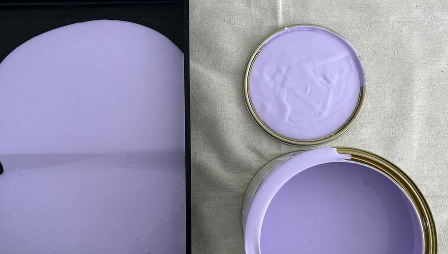 Lilac paint cans on canvas at Tiny Tree Kids Yoga, Broadbeach, Queensland, AU. Perfect for a calming atmosphere.