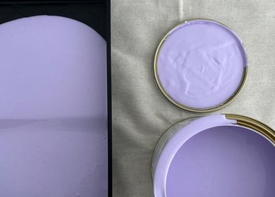 Lilac paint cans on canvas at Tiny Tree Kids Yoga, Broadbeach, Queensland, AU. Perfect for a calming atmosphere.