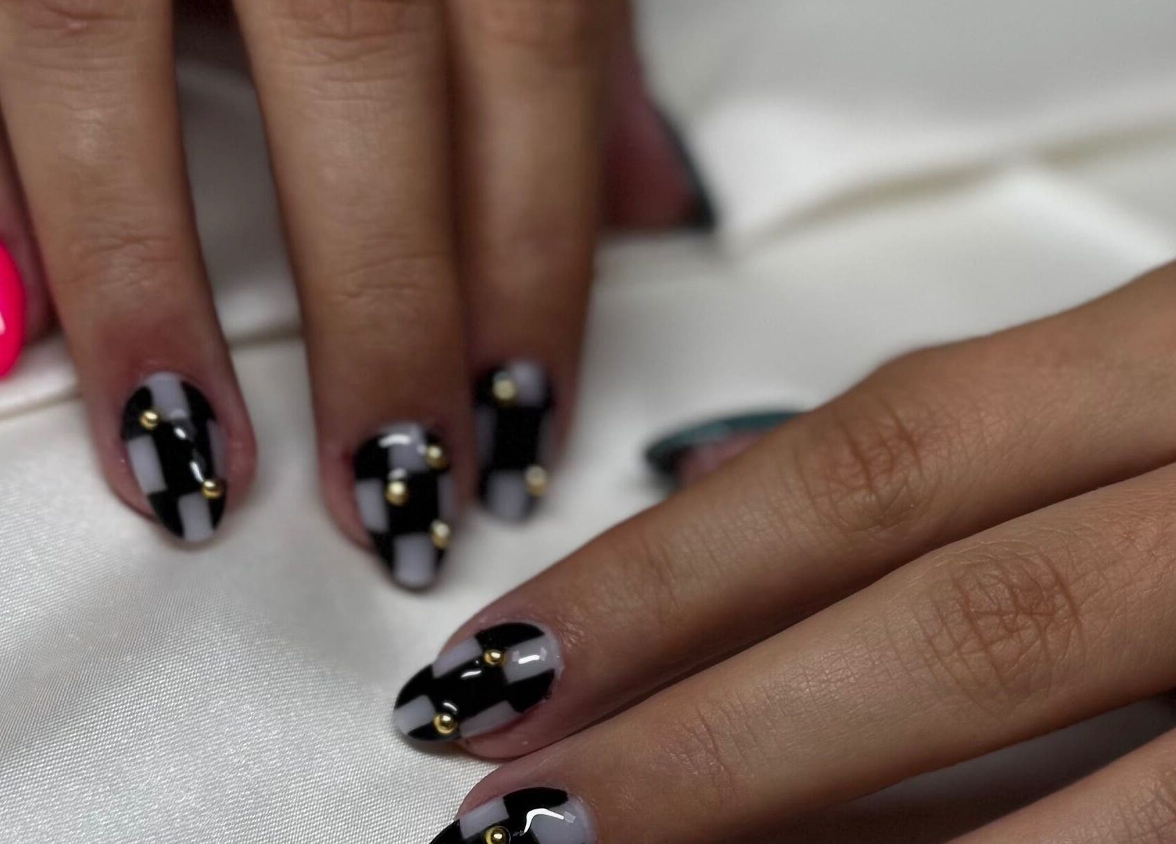 Chic nail art with black, gray, and pink design at Kai Nails, Aguada, Aguada, PR.