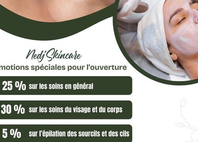 Promotions d'ouverture NedjSkincare à Montréal, Québec, CA - jusqu'à 30 % de rabais sur les soins du visage.