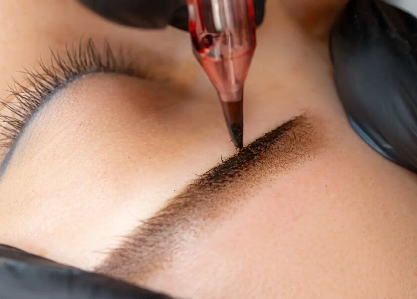 Microblading session at La Premier Beauty, Niddrie, Victoria, AU, showcasing detailed eyebrow enhancement.