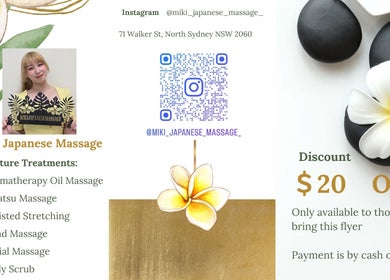 Flyer for Miki Japanese Massage in North Sydney, showcasing their treatments and a $20 discount offer.