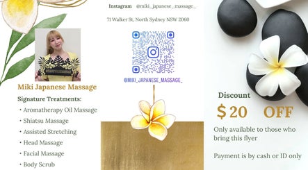 Flyer for Miki Japanese Massage in North Sydney, showcasing their treatments and a $20 discount offer.