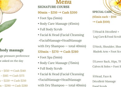 Miki Japanese Massage menu showcasing services and prices in North Sydney, New South Wales, AU.