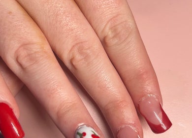 Red and cherry nail art at NailsByZeff, Bridgwater, England, GB. Chic and elegant nail design.
