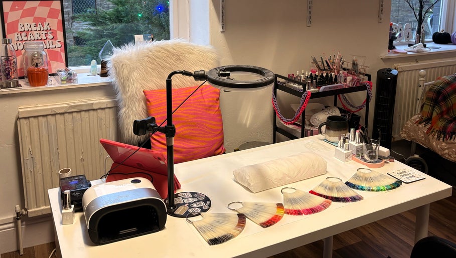Haus of Pixiee nail studio setup with colorful gel options in Pontyclun, Wales, GB.