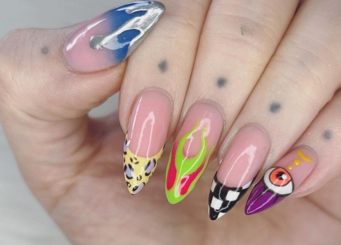 Colorful nail art with unique designs at Haus of Pixiee, Pontyclun, Wales, GB.