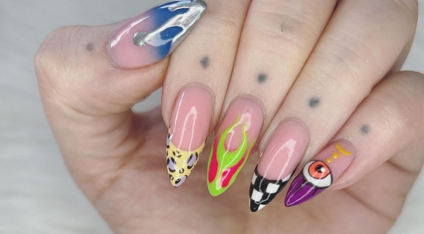 Colorful nail art with unique designs at Haus of Pixiee, Pontyclun, Wales, GB.