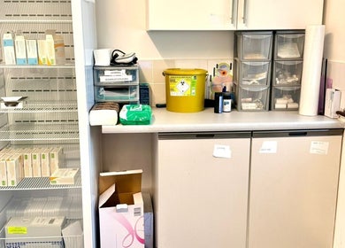 Medical storage area in Shannaz Aesthetics, Luton, England, GB, showcasing organized supplies.