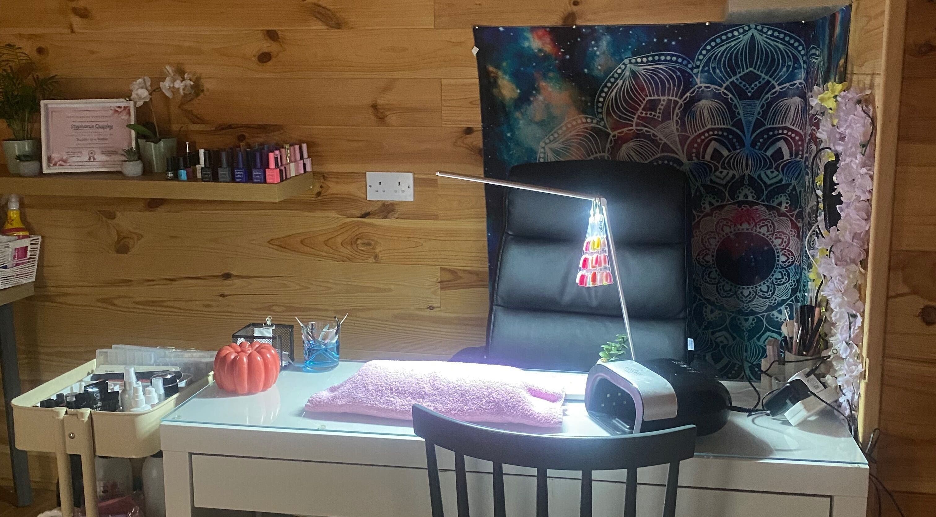 Chic nail station at TheBeautyCabin, Delvin, County Westmeath, IE with nail polish and stylish decor.