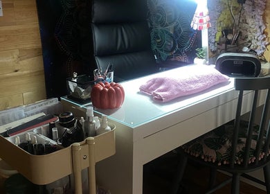 Nail station at TheBeautyCabin, Delvin, County Westmeath, IE with cozy decor and beauty tools.