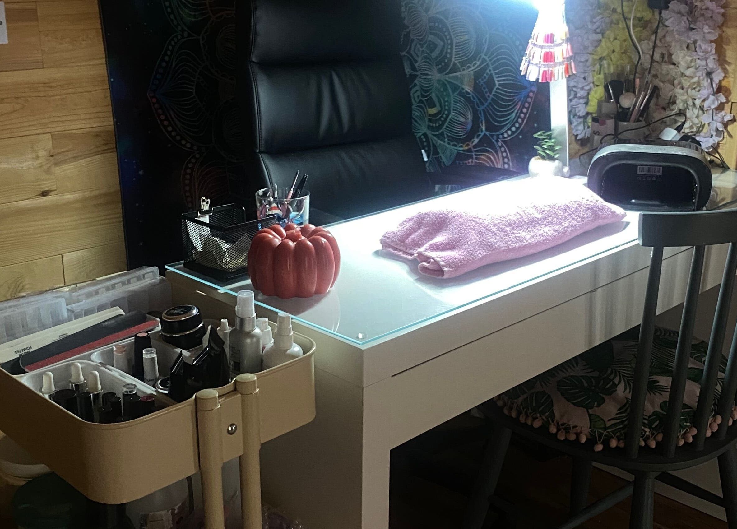 Nail station at TheBeautyCabin, Delvin, County Westmeath, IE with cozy decor and beauty tools.