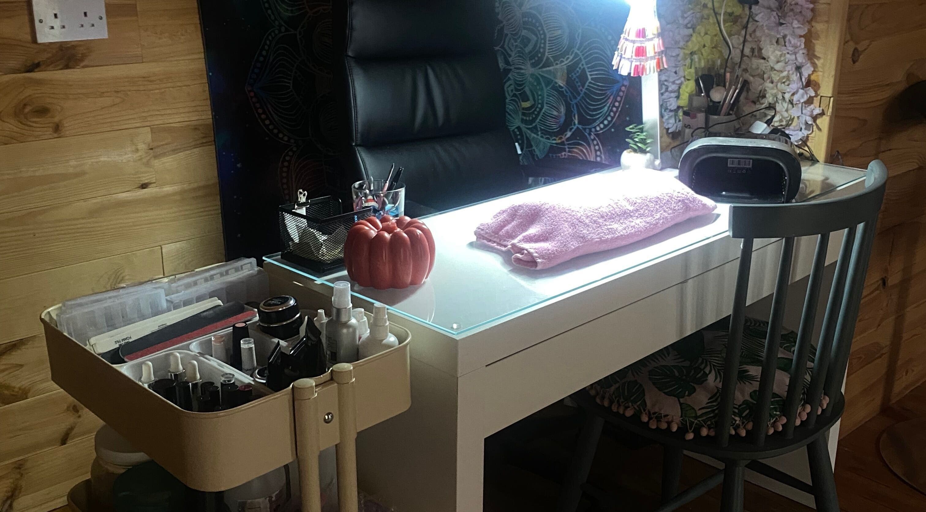 Nail station at TheBeautyCabin, Delvin, County Westmeath, IE with cozy decor and beauty tools.