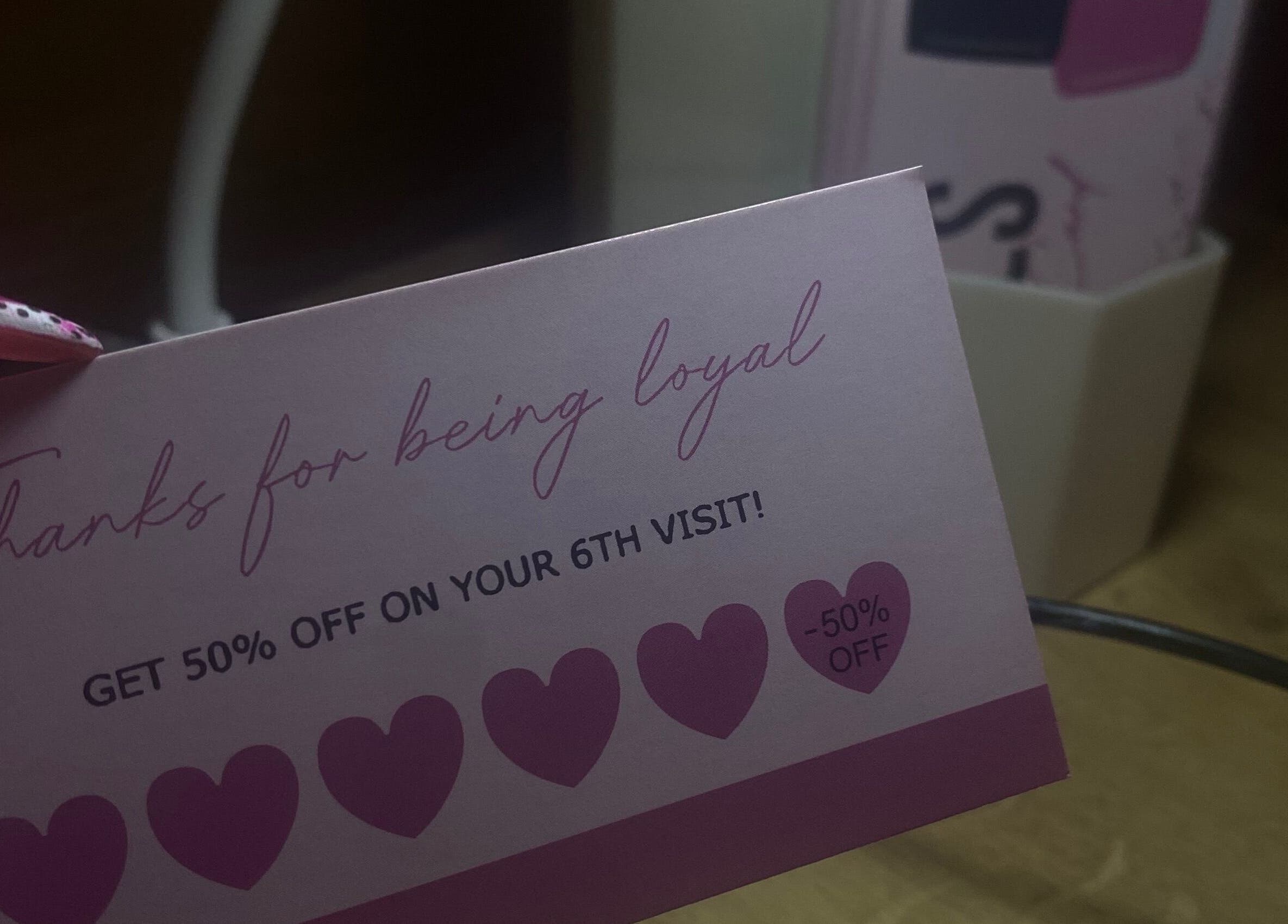 Loyalty card from TheBeautyCabin, Delvin, County Westmeath, IE offering 50% off on the 6th visit.
