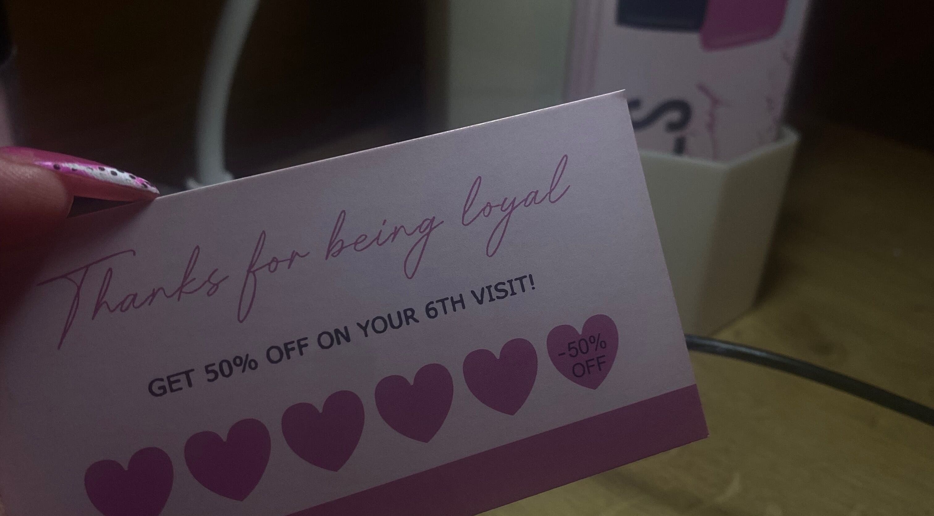 Loyalty card from TheBeautyCabin, Delvin, County Westmeath, IE offering 50% off on the 6th visit.