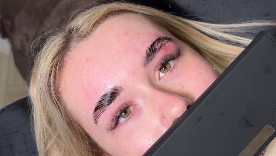 Close-up of flawless eyebrow lamination at Ruskbeauty, Middlesbrough, England, GB showcasing professional beauty work.