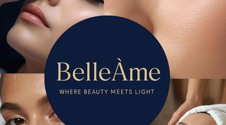 Collage of beauty treatments at BelleÂme, Denton's Green, England, showcasing skincare and relaxation.