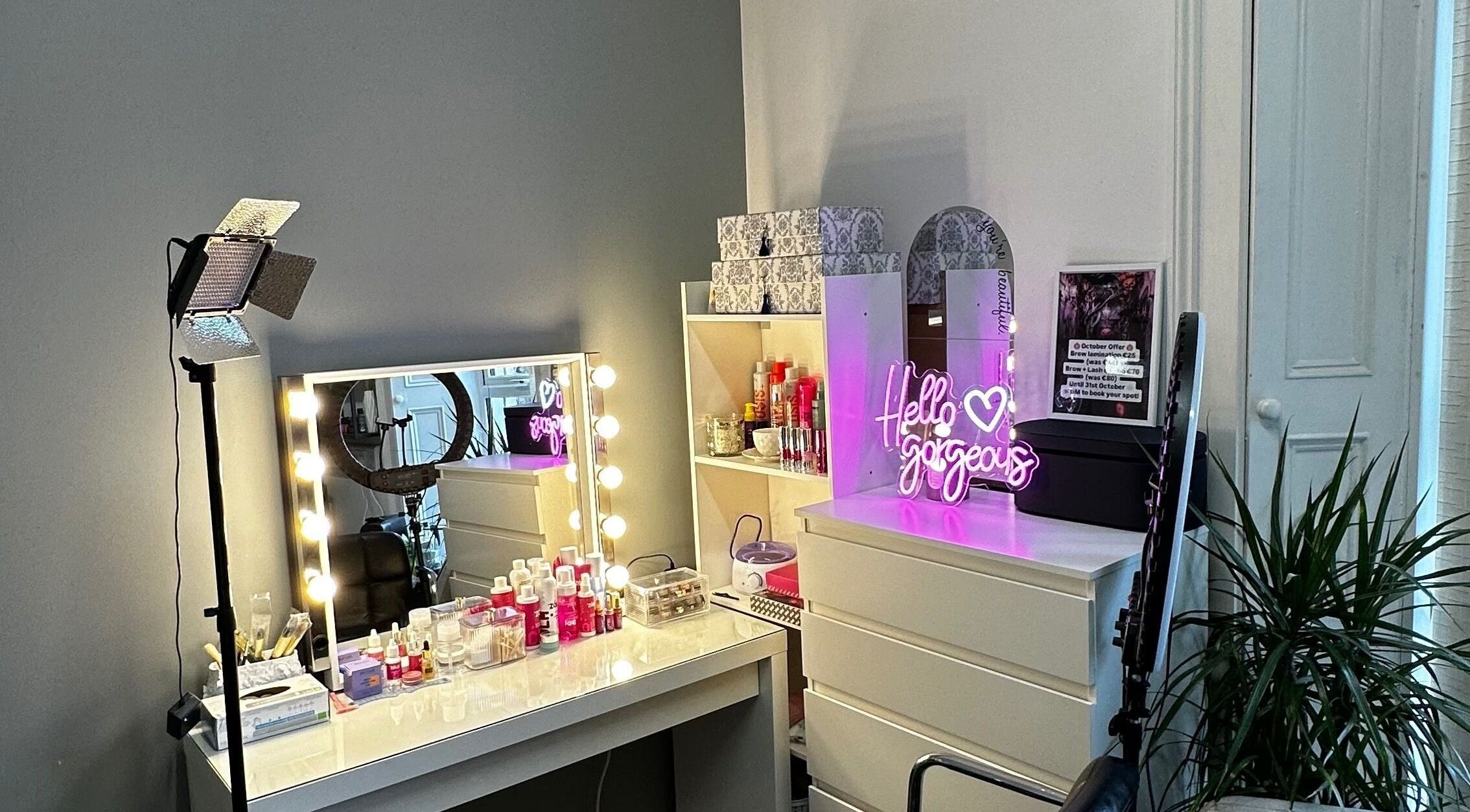 Glamorous beauty station at Alina Kotik, Mullingar, County Westmeath, IE, with illuminated mirror and neon sign.