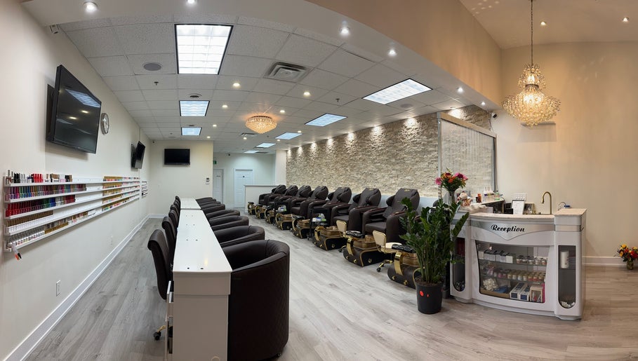 Elegant interior of Nails For You in Brampton, Ontario, CA with luxurious pedicure chairs and reception.
