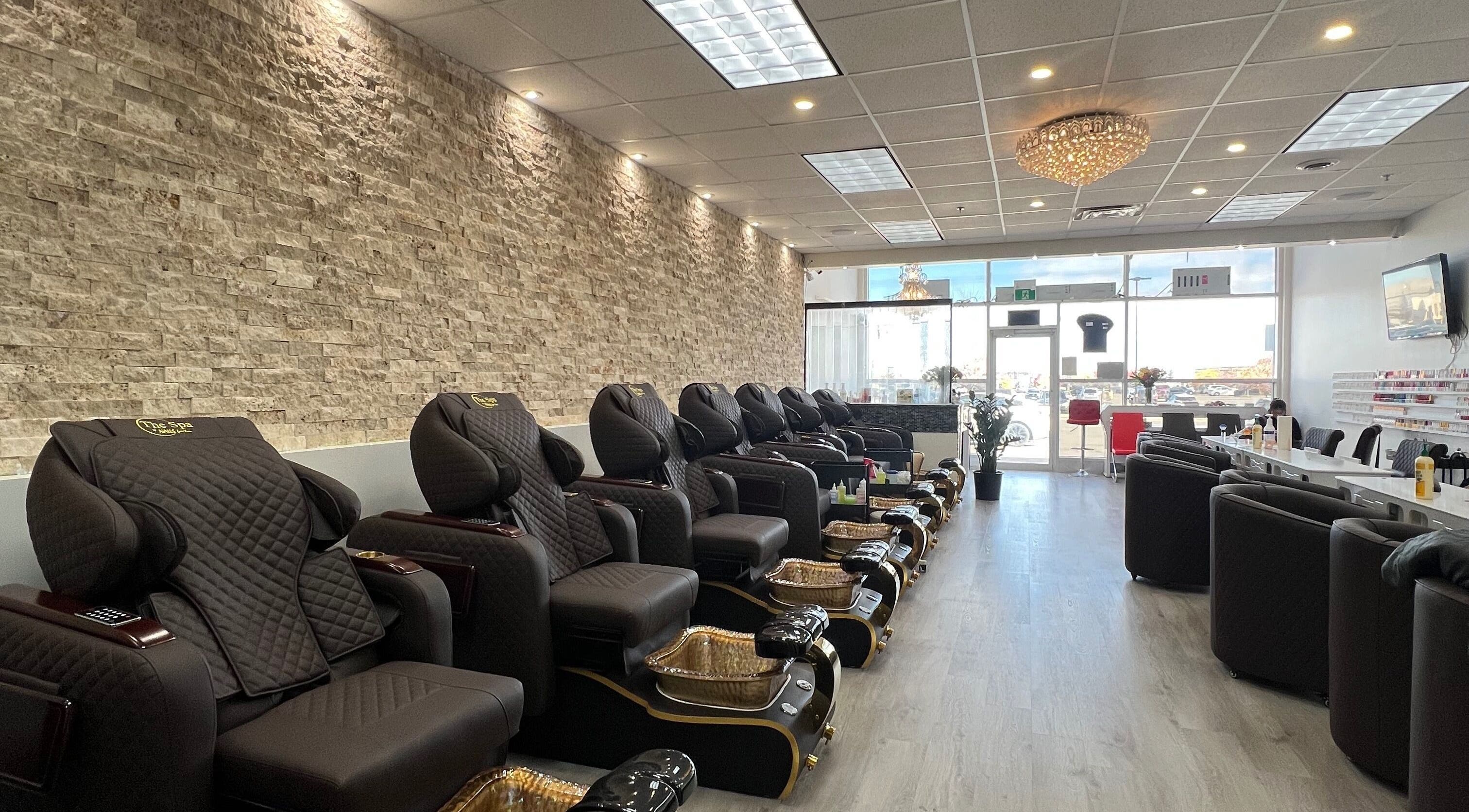 Luxurious pedicure chairs at Nails For You, Brampton, Ontario, CA offer a serene beauty experience.