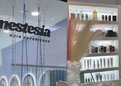Interior de Sinestesia Hair Experience en Collado Villalba con productos de belleza en estante iluminado.