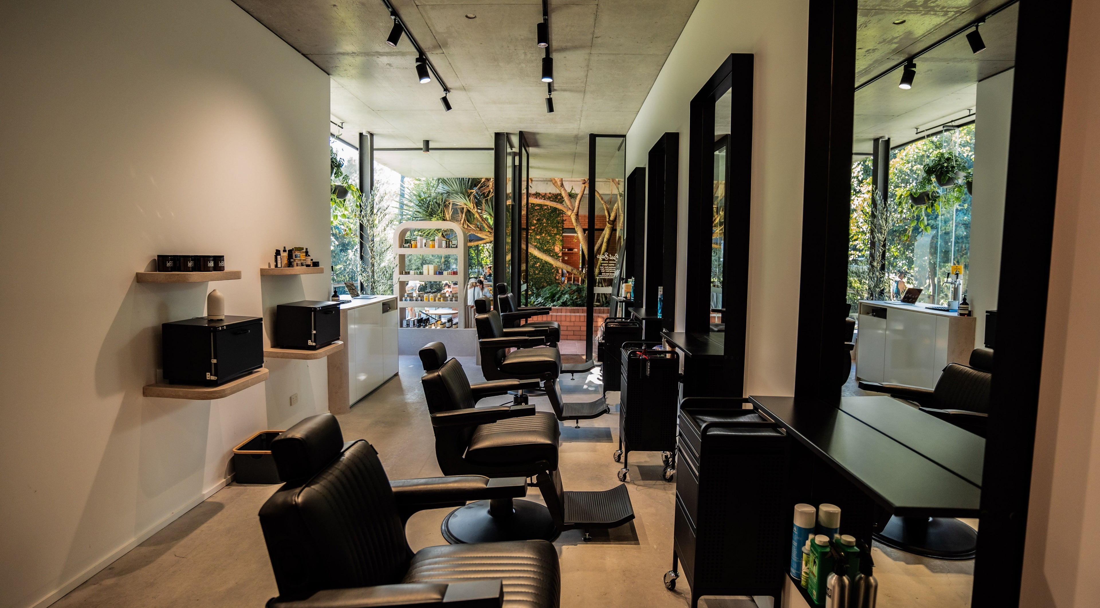 Interior of Lost Boys PGA salon with modern chairs in Eagle Farm, Queensland, AU.