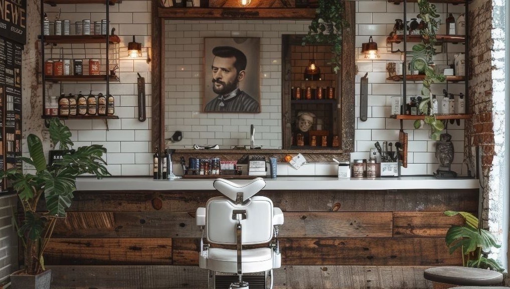 Interieur van Barber Jer in Rotterdam, Zuid-holland, NL. Luxe stoel omringd door stijlvolle houten accenten.