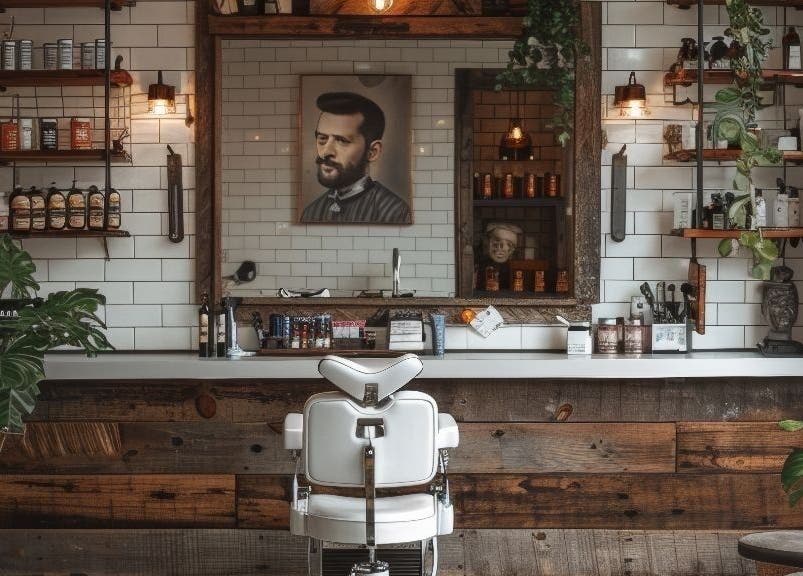 Interieur van Barber Jer in Rotterdam, Zuid-holland, NL. Luxe stoel omringd door stijlvolle houten accenten.