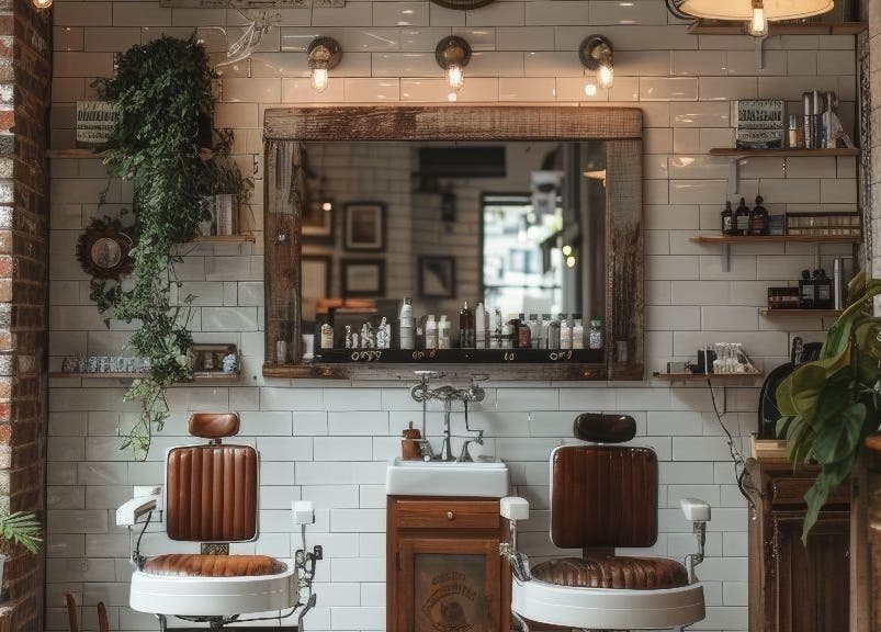 Interieur van Barber Jer in Rotterdam, Zuid-Holland, NL met vintage stoelen en planten.