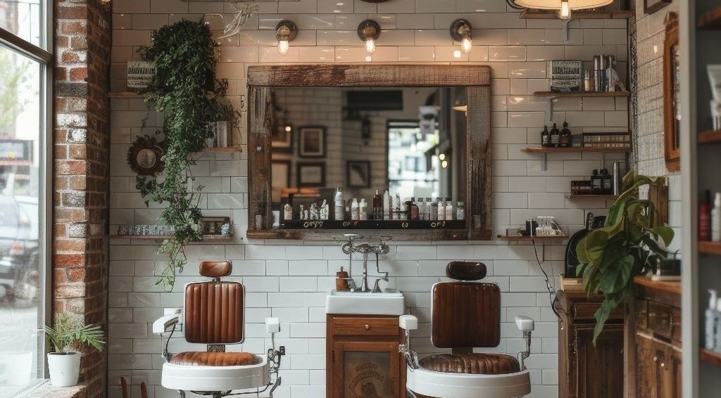 Interieur van Barber Jer in Rotterdam, Zuid-Holland, NL met vintage stoelen en planten.