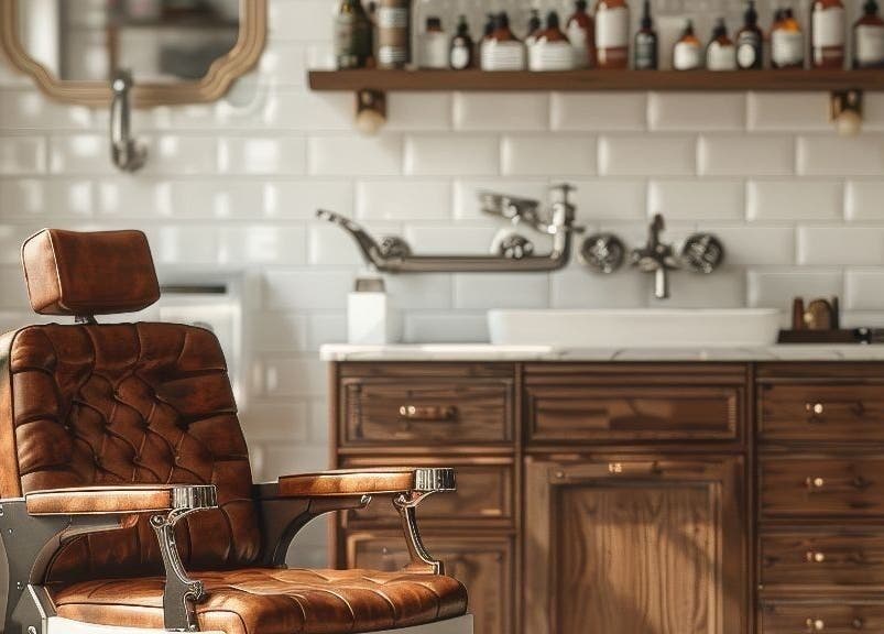 Vintage barberstoel bij Barber Jer in Rotterdam, Zuid-holland, NL, omgeven door stijlvolle houten meubels.