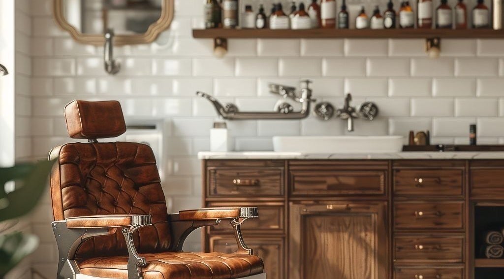 Vintage barberstoel bij Barber Jer in Rotterdam, Zuid-holland, NL, omgeven door stijlvolle houten meubels.