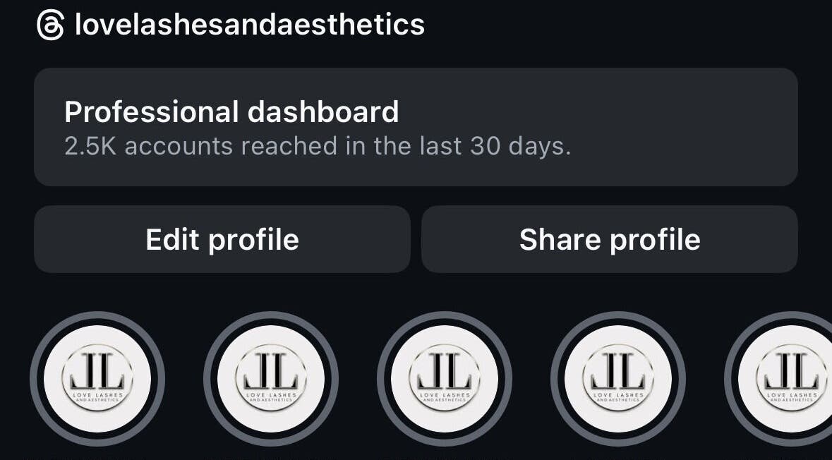 Professional dashboard insights at Love Lashes & Aesthetics, Dublin, County Dublin, IE, showing account reach.