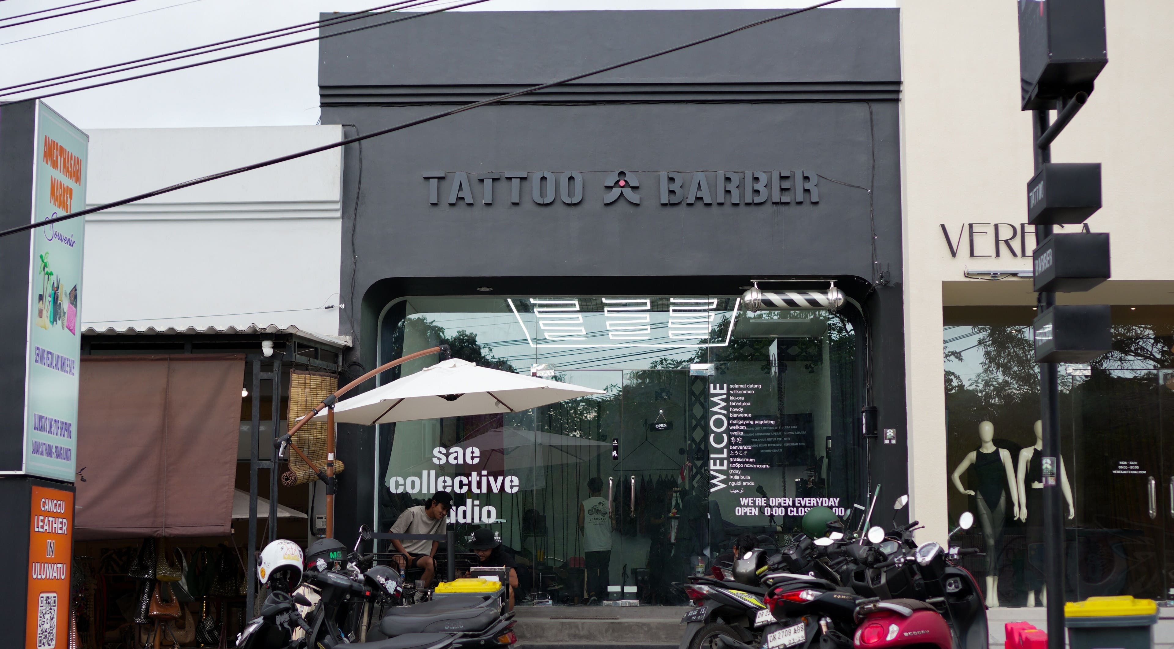 Front view of Sae Collective Barber in Bali, Bali, ID, showcasing sleek modern design with outdoor seating.
