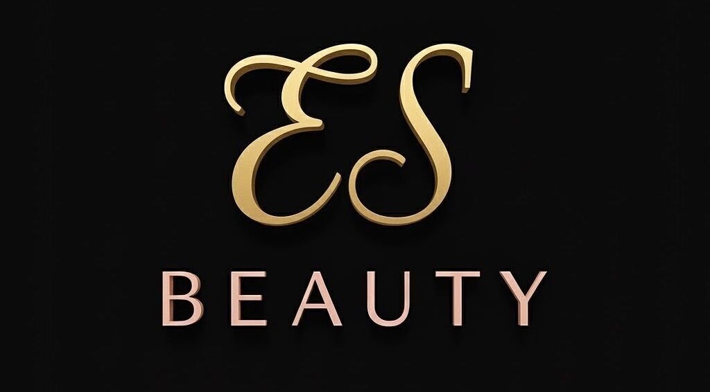 Elegant ES Beauty logo in gold and pink, Aberdare, Wales, GB.