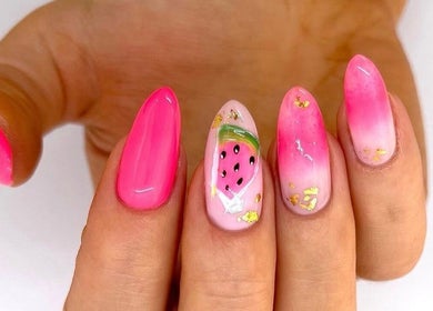 Vibrant pink nails with watermelon art at AFA STUDIO, Dublin, County Dublin, IE.