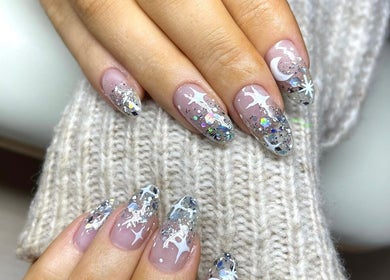 Close-up of celestial-themed nail art at Afa Studio in Dublin, County Dublin, IE.