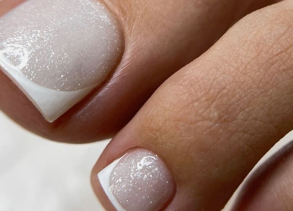 Elegant French pedicure with sparkles at AFA Studio Nails & Beauty, Dublin, County Dublin, IE.