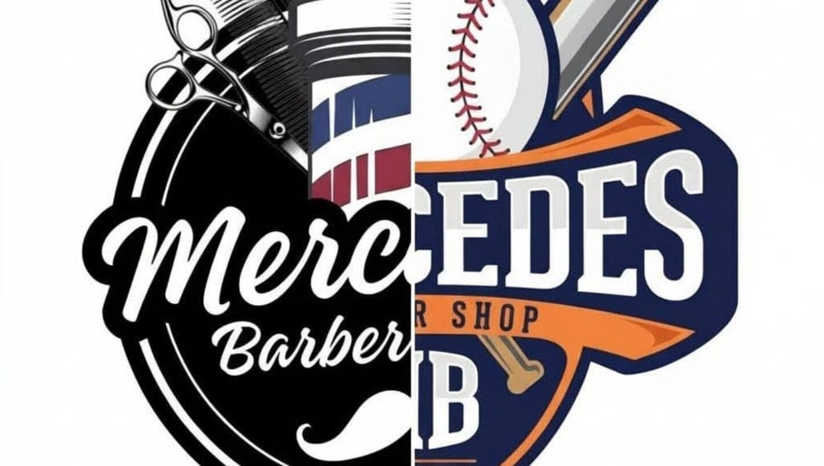 Creative logo of Mercedes Barber Shop in Barva, Heredia, CR with scissors and baseball motifs.