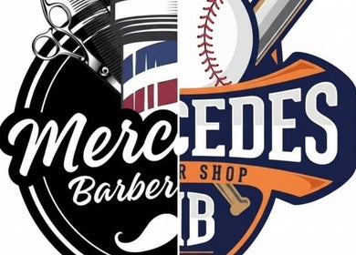Creative logo of Mercedes Barber Shop in Barva, Heredia, CR with scissors and baseball motifs.