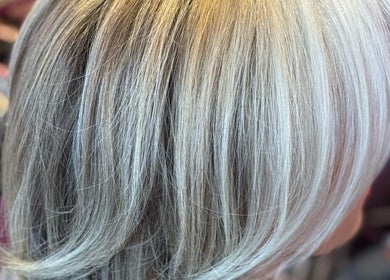 Silver-blonde hairstyle crafted at Reflectionz - Hair By Zoe in Raunds, England, GB.