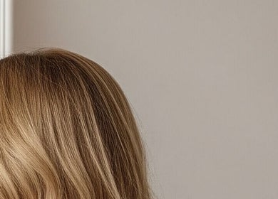 Detalhe de cabelo loiro brilhante no salão Teste, Minas Gerais, BR.