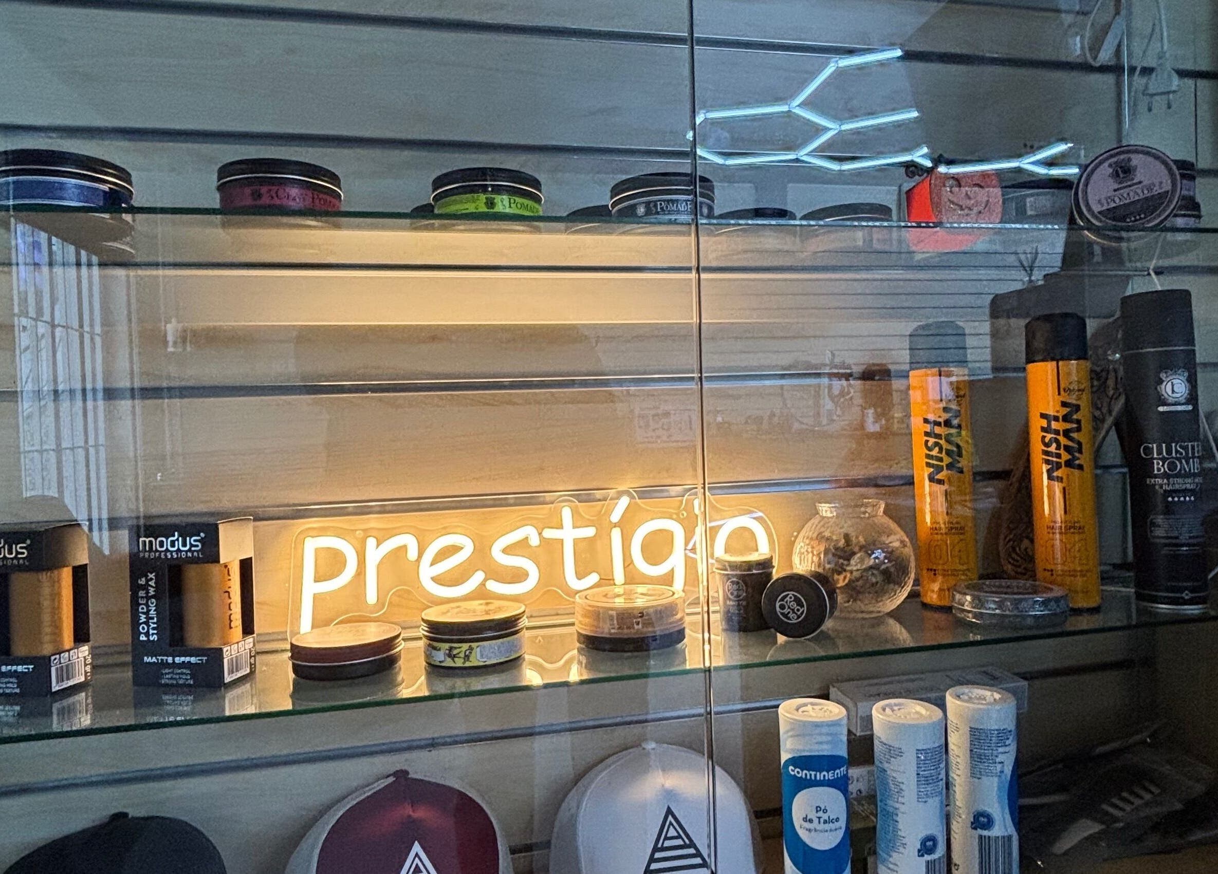 Prestígio salon product display with hair care items in Ramada, Lisboa, PT.