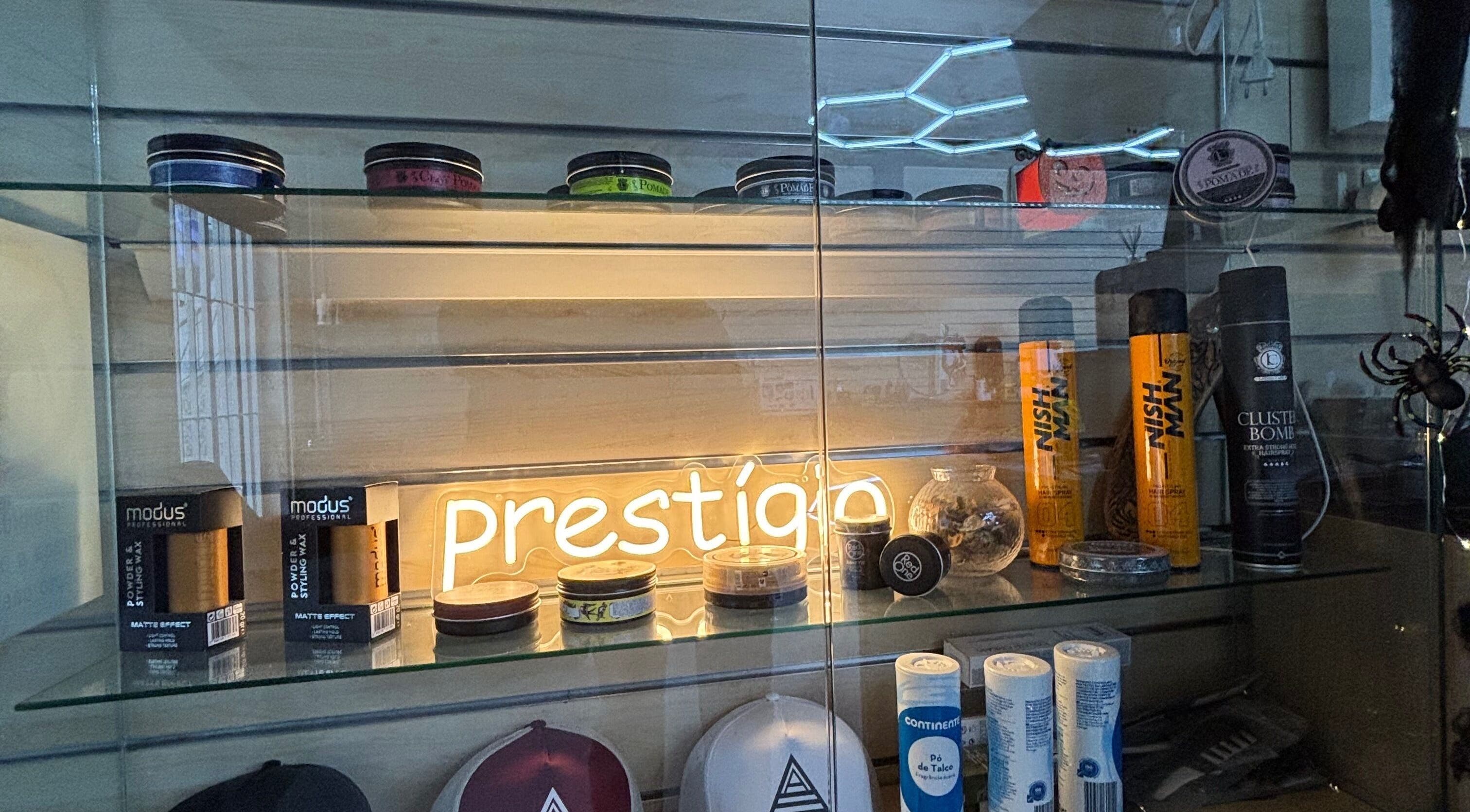 Prestígio salon product display with hair care items in Ramada, Lisboa, PT.