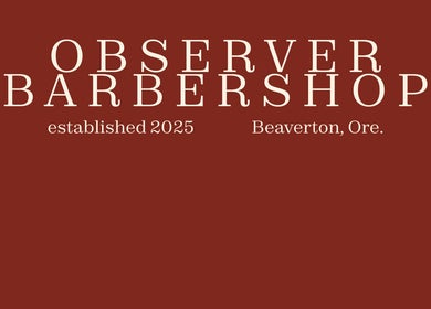 Observer Barbershop elegant logo on maroon background in Beaverton, Oregon, US.